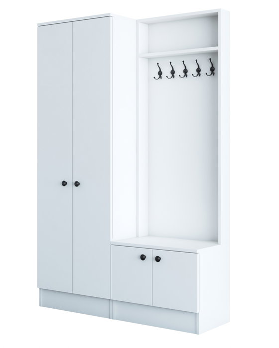 Hanah Home M11 - 1567 Recibidor estilo escandinavo con almacenamiento, cajón, estantes y perchero, Blanco, 119.6x182.8 cm